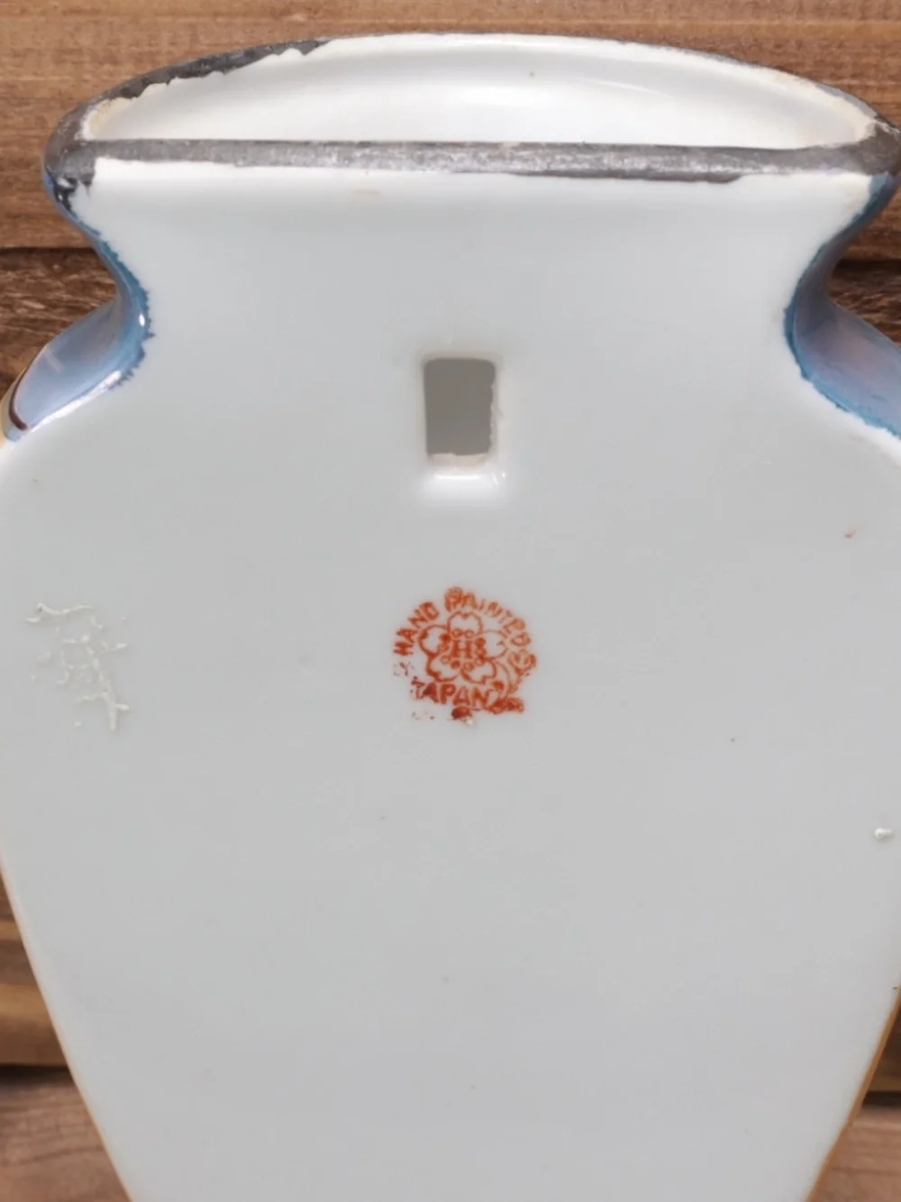 Vintage Hand Painted Blue Wall Pocket Vase Lusterware with Moriage Bird Motif